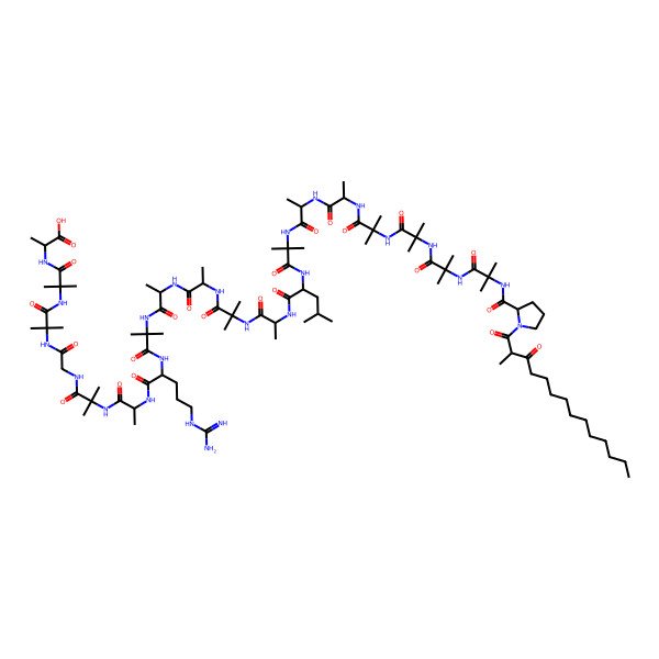 2D Structure of 2-[[2-[[2-[[2-[[2-[2-[[5-Carbamimidamido-2-[[2-methyl-2-[2-[2-[[2-methyl-2-[2-[[4-methyl-2-[[2-methyl-2-[2-[2-[[2-methyl-2-[[2-methyl-2-[[2-methyl-2-[[2-methyl-2-[[1-(2-methyl-3-oxotetradecanoyl)pyrrolidine-2-carbonyl]amino]propanoyl]amino]propanoyl]amino]propanoyl]amino]propanoyl]amino]propanoylamino]propanoylamino]propanoyl]amino]pentanoyl]amino]propanoylamino]propanoyl]amino]propanoylamino]propanoylamino]propanoyl]amino]pentanoyl]amino]propanoylamino]-2-methylpropanoyl]amino]acetyl]amino]-2-methylpropanoyl]amino]-2-methylpropanoyl]amino]propanoic acid