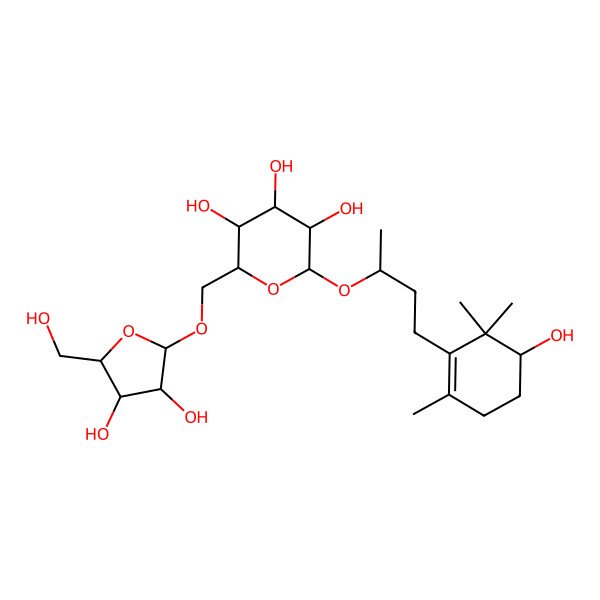 2D Structure of (2R,3R,4S,5R,6R)-2-[[(2S,3S,4R,5S)-3,4-dihydroxy-5-(hydroxymethyl)oxolan-2-yl]oxymethyl]-6-[(2R)-4-[(5R)-5-hydroxy-2,6,6-trimethylcyclohexen-1-yl]butan-2-yl]oxyoxane-3,4,5-triol