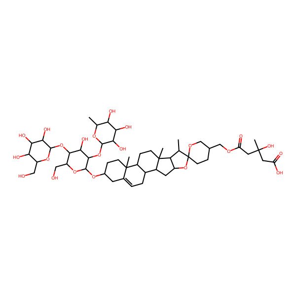 2D Structure of (3S)-3-hydroxy-5-[[(1S,2S,3'S,4S,6R,7S,8R,9S,12S,13R,16S)-16-[(2R,3R,4S,5S,6R)-4-hydroxy-6-(hydroxymethyl)-5-[(2S,3R,4S,5S,6R)-3,4,5-trihydroxy-6-(hydroxymethyl)oxan-2-yl]oxy-3-[(2S,3R,4R,5R,6S)-3,4,5-trihydroxy-6-methyloxan-2-yl]oxyoxan-2-yl]oxy-7,9,13-trimethylspiro[5-oxapentacyclo[10.8.0.02,9.04,8.013,18]icos-18-ene-6,6'-oxane]-3'-yl]methoxy]-3-methyl-5-oxopentanoic acid