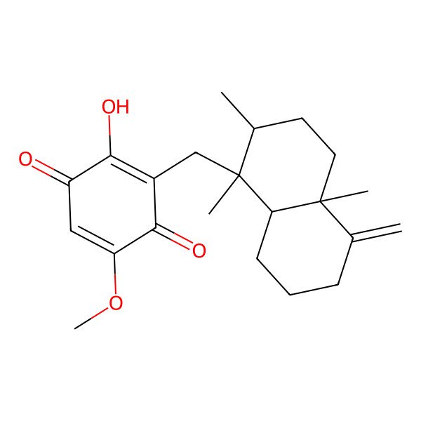 2D Structure of 3-[[(1S,2R,4aR,8aS)-1,2,4a-trimethyl-5-methylidene-3,4,6,7,8,8a-hexahydro-2H-naphthalen-1-yl]methyl]-2-hydroxy-5-methoxycyclohexa-2,5-diene-1,4-dione
