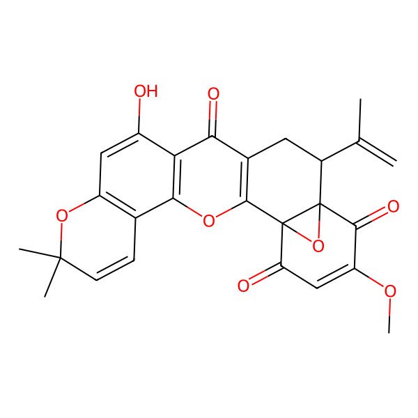 2D Structure of 9a,13a-Epoxy-3H,7H-benzo[c]pyrano[3,2-h]xanthene-7,10,13-trione, 8,9-dihydro-6-hydroxy-11-methoxy-3,3-dimethyl-9-(1-methylethenyl)-, (9alpha,9abeta,13abeta)-