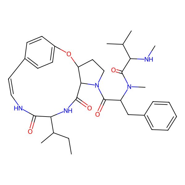 2D Structure of (2S)-N-[(2S)-1-[(7S,10S,13E)-10-butan-2-yl-8,11-dioxo-2-oxa-6,9,12-triazatricyclo[13.2.2.03,7]nonadeca-1(17),13,15,18-tetraen-6-yl]-1-oxo-3-phenylpropan-2-yl]-N,3-dimethyl-2-(methylamino)butanamide