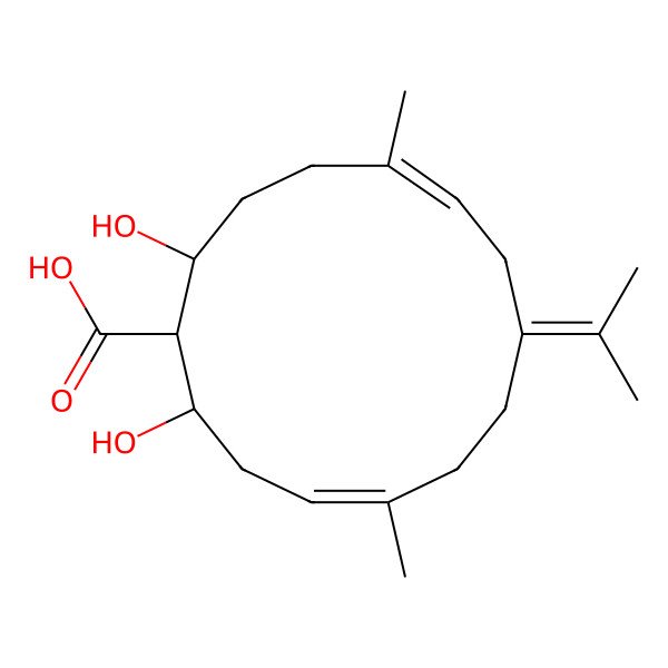 2D Structure of (1S,2R,14S)-2,14-dihydroxy-5,11-dimethyl-8-propan-2-ylidenecyclotetradeca-4,10-diene-1-carboxylic acid