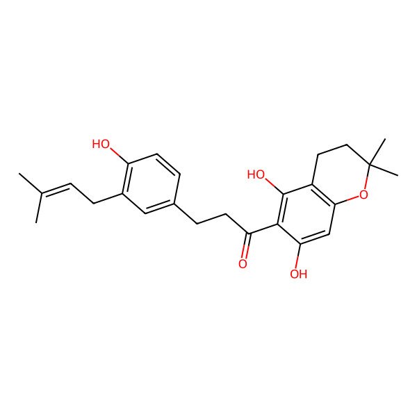 2D Structure of 1-(5,7-Dihydroxy-2,2-dimethyl-3,4-dihydrochromen-6-yl)-3-[4-hydroxy-3-(3-methylbut-2-enyl)phenyl]propan-1-one