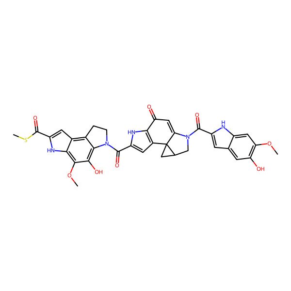 2D Structure of S-methyl 5-hydroxy-6-[(1R)-10-(5-hydroxy-6-methoxy-1H-indole-2-carbonyl)-7-oxo-5,10-diazatetracyclo[7.4.0.01,12.02,6]trideca-2(6),3,8-triene-4-carbonyl]-4-methoxy-7,8-dihydro-3H-pyrrolo[3,2-e]indole-2-carbothioate