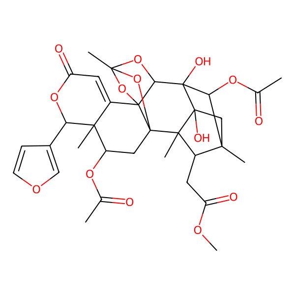 2D Structure of methyl 2-[(1R,3R,4R,5R,10S,14S,15R,18S,19R,20R,22S)-3,22-diacetyloxy-5-(furan-3-yl)-15,16-dihydroxy-4,12,18,20-tetramethyl-7-oxo-6,11,13,21-tetraoxaheptacyclo[10.8.1.115,18.01,10.04,9.010,14.016,20]docos-8-en-19-yl]acetate