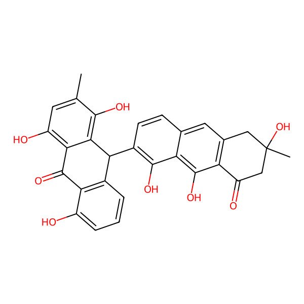 2D Structure of 1,4,8-trihydroxy-3-methyl-10-(1,6,9-trihydroxy-6-methyl-8-oxo-5,7-dihydroanthracen-2-yl)-10H-anthracen-9-one