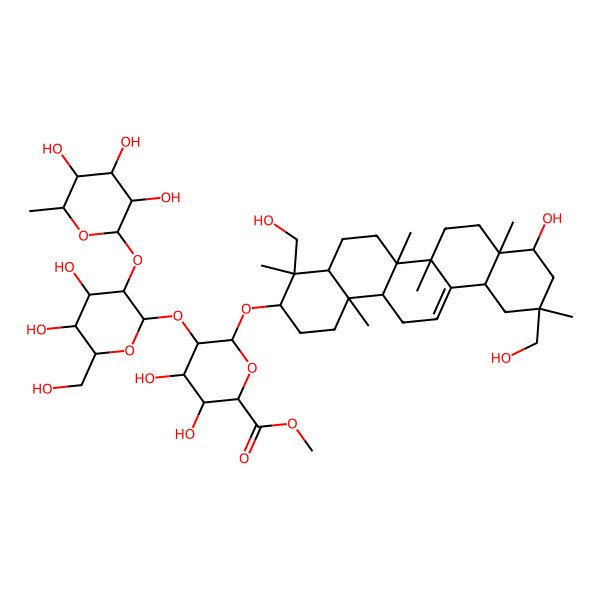 2D Structure of methyl (2S,3S,4S,5R,6R)-6-[[(3S,4S,4aR,6aR,6bS,8aR,9R,11S,12aS,14aR,14bR)-9-hydroxy-4,11-bis(hydroxymethyl)-4,6a,6b,8a,11,14b-hexamethyl-1,2,3,4a,5,6,7,8,9,10,12,12a,14,14a-tetradecahydropicen-3-yl]oxy]-5-[(2S,3R,4S,5R,6R)-4,5-dihydroxy-6-(hydroxymethyl)-3-[(2S,3R,4R,5R,6S)-3,4,5-trihydroxy-6-methyloxan-2-yl]oxyoxan-2-yl]oxy-3,4-dihydroxyoxane-2-carboxylate