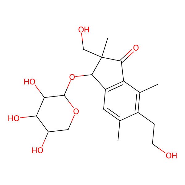 2D Structure of (2R,3R)-6-(2-hydroxyethyl)-2-(hydroxymethyl)-2,5,7-trimethyl-3-[(2S,3R,4S,5S)-3,4,5-trihydroxyoxan-2-yl]oxy-3H-inden-1-one