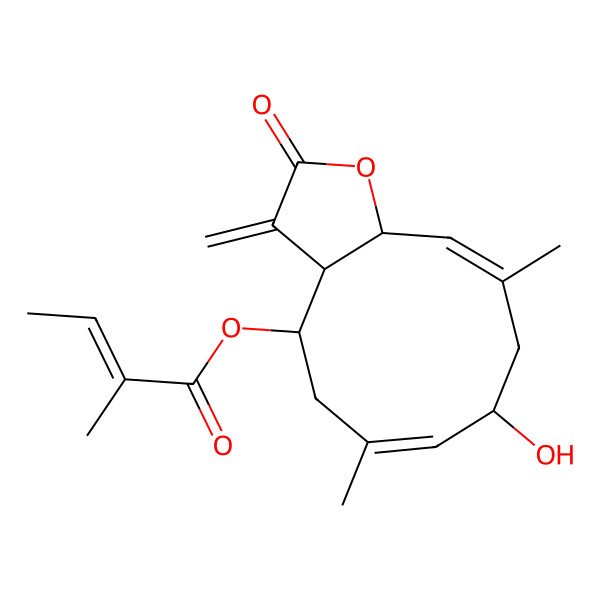 2D Structure of [(3aR,4R,6Z,8S,10Z,11aR)-8-hydroxy-6,10-dimethyl-3-methylidene-2-oxo-3a,4,5,8,9,11a-hexahydrocyclodeca[b]furan-4-yl] (E)-2-methylbut-2-enoate