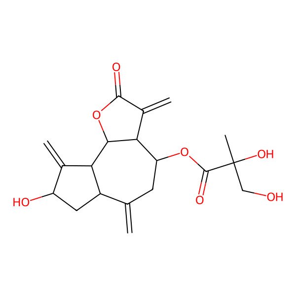 2D Structure of (8-Hydroxy-3,6,9-trimethylidene-2-oxo-3a,4,5,6a,7,8,9a,9b-octahydroazuleno[4,5-b]furan-4-yl) 2,3-dihydroxy-2-methylpropanoate