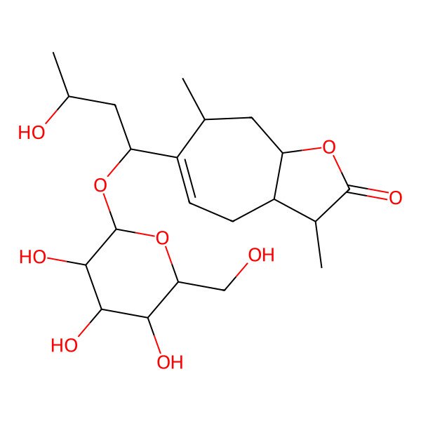 2D Structure of (3S,3aR,7S,8aR)-6-[(1R,3S)-3-hydroxy-1-[(2R,3R,4S,5S,6R)-3,4,5-trihydroxy-6-(hydroxymethyl)oxan-2-yl]oxybutyl]-3,7-dimethyl-3,3a,4,7,8,8a-hexahydrocyclohepta[b]furan-2-one