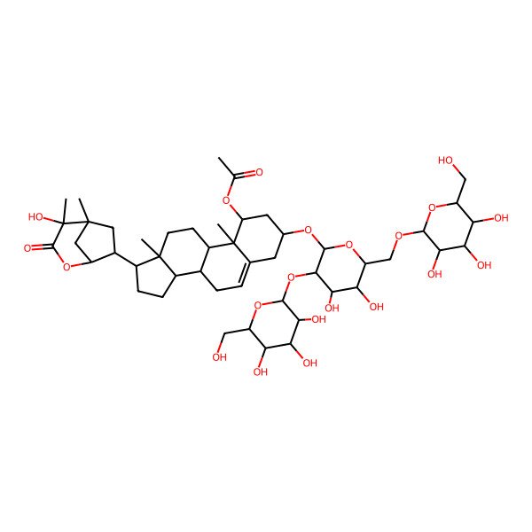 2D Structure of [(1S,3R,8S,9S,10R,13S,14S,17R)-3-[(2R,3R,4S,5S,6R)-4,5-dihydroxy-3-[(2R,3R,4S,5S,6R)-3,4,5-trihydroxy-6-(hydroxymethyl)oxan-2-yl]oxy-6-[[(2R,3R,4S,5S,6R)-3,4,5-trihydroxy-6-(hydroxymethyl)oxan-2-yl]oxymethyl]oxan-2-yl]oxy-17-[(4S,5R,7S)-4-hydroxy-4,5-dimethyl-3-oxo-2-oxabicyclo[3.2.1]octan-7-yl]-10,13-dimethyl-2,3,4,7,8,9,11,12,14,15,16,17-dodecahydro-1H-cyclopenta[a]phenanthren-1-yl] acetate