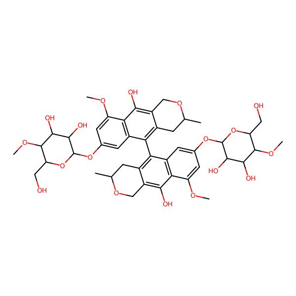 2D Structure of 2-[[5-[7-[3,4-dihydroxy-6-(hydroxymethyl)-5-methoxyoxan-2-yl]oxy-10-hydroxy-9-methoxy-3-methyl-3,4-dihydro-1H-benzo[g]isochromen-5-yl]-10-hydroxy-9-methoxy-3-methyl-3,4-dihydro-1H-benzo[g]isochromen-7-yl]oxy]-6-(hydroxymethyl)-5-methoxyoxane-3,4-diol