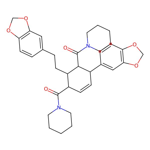 2D Structure of [4-(1,3-Benzodioxol-5-yl)-6-[2-(1,3-benzodioxol-5-yl)ethyl]-5-(piperidine-1-carbonyl)cyclohex-2-en-1-yl]-piperidin-1-ylmethanone