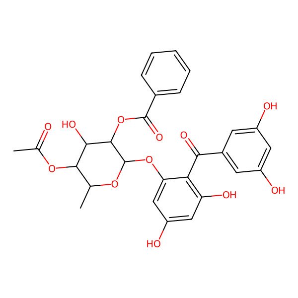 2D Structure of [(2S,3R,4R,5R,6S)-5-acetyloxy-2-[2-(3,5-dihydroxybenzoyl)-3,5-dihydroxyphenoxy]-4-hydroxy-6-methyloxan-3-yl] benzoate