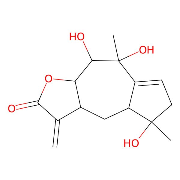 2D Structure of 4,5,8-Trihydroxy-5,8-dimethyl-1-methylidene-3a,4,7,8a,9,9a-hexahydroazuleno[6,5-b]furan-2-one