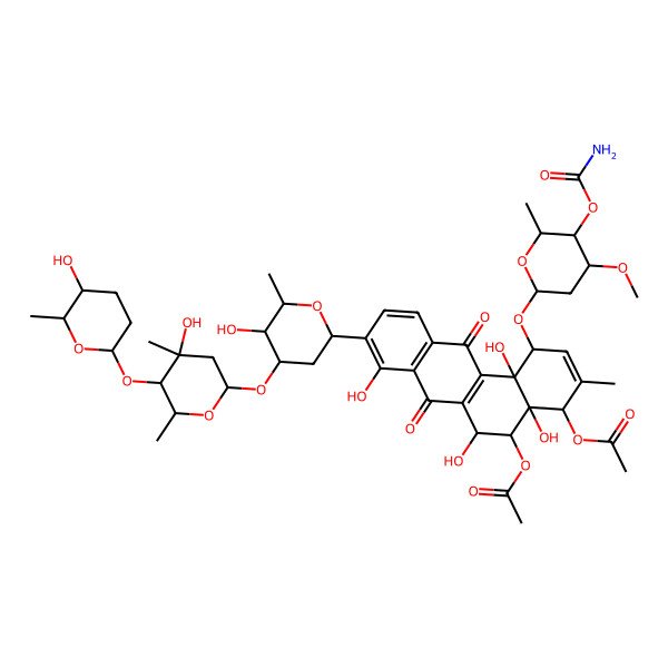 2D Structure of [4-Acetyloxy-1-(5-carbamoyloxy-4-methoxy-6-methyloxan-2-yl)oxy-4a,6,8,12b-tetrahydroxy-9-[5-hydroxy-4-[4-hydroxy-5-(5-hydroxy-6-methyloxan-2-yl)oxy-4,6-dimethyloxan-2-yl]oxy-6-methyloxan-2-yl]-3-methyl-7,12-dioxo-1,4,5,6-tetrahydrobenzo[a]anthracen-5-yl] acetate