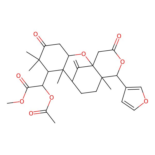 2D Structure of methyl (2R)-2-acetyloxy-2-[(1S,3S,7R,8R,9R,12S,13S)-13-(furan-3-yl)-6,6,8,12-tetramethyl-17-methylidene-5,15-dioxo-2,14-dioxatetracyclo[7.7.1.01,12.03,8]heptadecan-7-yl]acetate