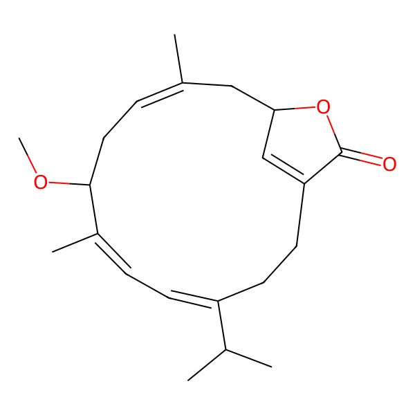 2D Structure of (6E,8S,13S)-8-methoxy-7,11-dimethyl-4-propan-2-yl-14-oxabicyclo[11.2.1]hexadeca-1(16),4,6,10-tetraen-15-one