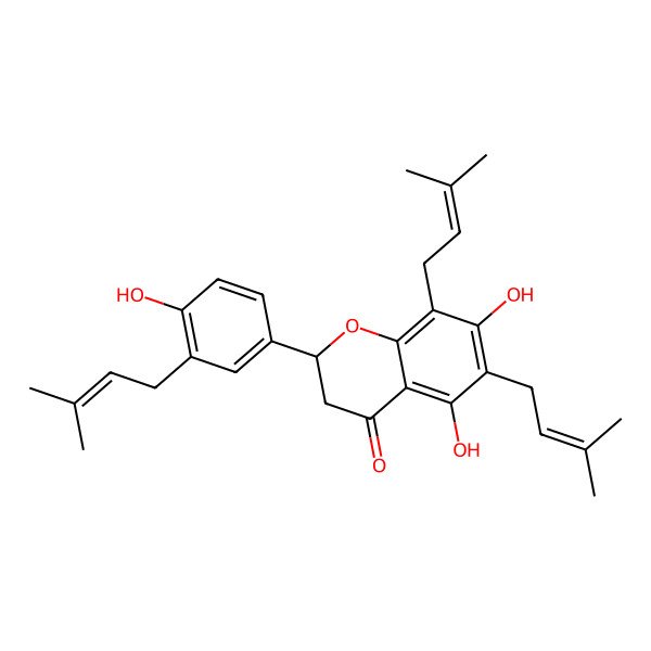 2D Structure of 4H-1-Benzopyran-4-one, 2,3-dihydro-5,7-dihydroxy-2-(4-hydroxy-3-(3-methyl-2-butenyl)phenyl)-6,8-bis(3-methyl-2-butenyl)-, (2S)-