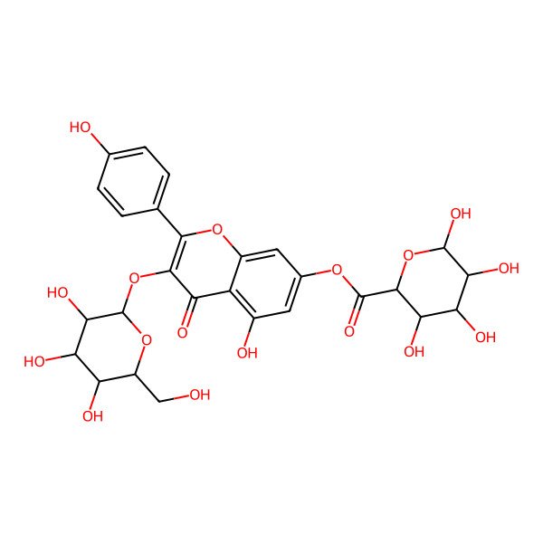 2D Structure of [5-Hydroxy-2-(4-hydroxyphenyl)-4-oxo-3-[3,4,5-trihydroxy-6-(hydroxymethyl)oxan-2-yl]oxychromen-7-yl] 3,4,5,6-tetrahydroxyoxane-2-carboxylate