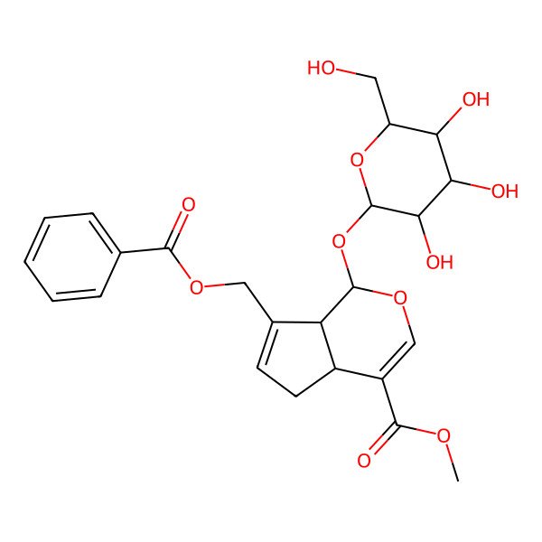 2D Structure of methyl (1S,4aS,7aS)-7-(benzoyloxymethyl)-1-[(2S,3R,4S,5S,6R)-3,4,5-trihydroxy-6-(hydroxymethyl)oxan-2-yl]oxy-1,4a,5,7a-tetrahydrocyclopenta[c]pyran-4-carboxylate