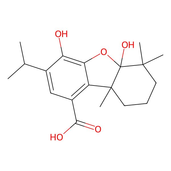 2D Structure of 4,5a-dihydroxy-6,6,9a-trimethyl-3-propan-2-yl-8,9-dihydro-7H-dibenzofuran-1-carboxylic acid 2D Structure of 4,5a-dihydroxy-6,6,9a-trimethyl-3-propan-2-yl-8,9-dihydro-7H-dibenzofuran-1-carboxylic acid