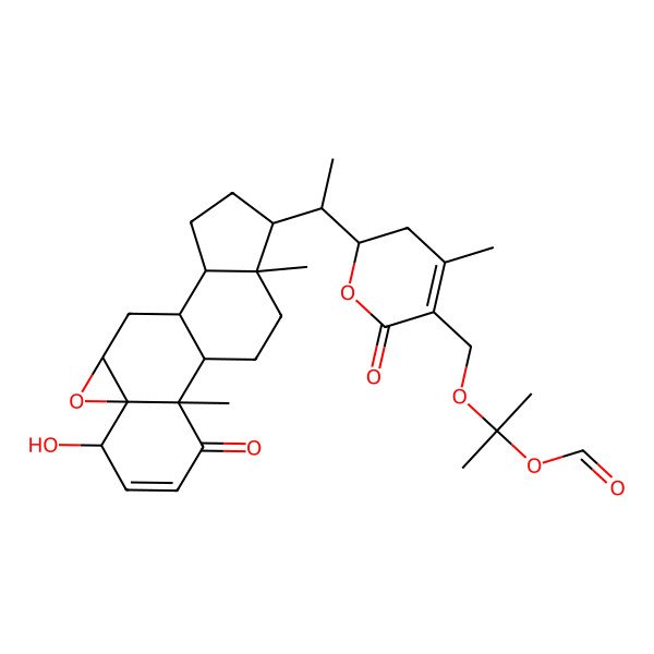 2D Structure of 2-[[(2R)-2-[(1S)-1-[(1S,2R,6S,7R,9R,11S,12S,15R,16S)-6-hydroxy-2,16-dimethyl-3-oxo-8-oxapentacyclo[9.7.0.02,7.07,9.012,16]octadec-4-en-15-yl]ethyl]-4-methyl-6-oxo-2,3-dihydropyran-5-yl]methoxy]propan-2-yl formate