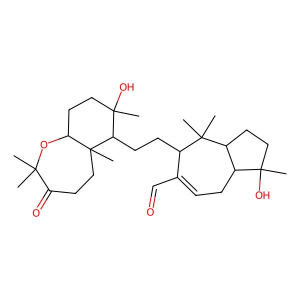 2D Structure of (3R)-7-[2-[(5aR,6R,7S,9aR)-7-hydroxy-2,2,5a,7-tetramethyl-3-oxo-4,5,6,8,9,9a-hexahydrobenzo[b]oxepin-6-yl]ethyl]-3-hydroxy-3,8,8-trimethyl-1,2,3a,4,7,8a-hexahydroazulene-6-carbaldehyde