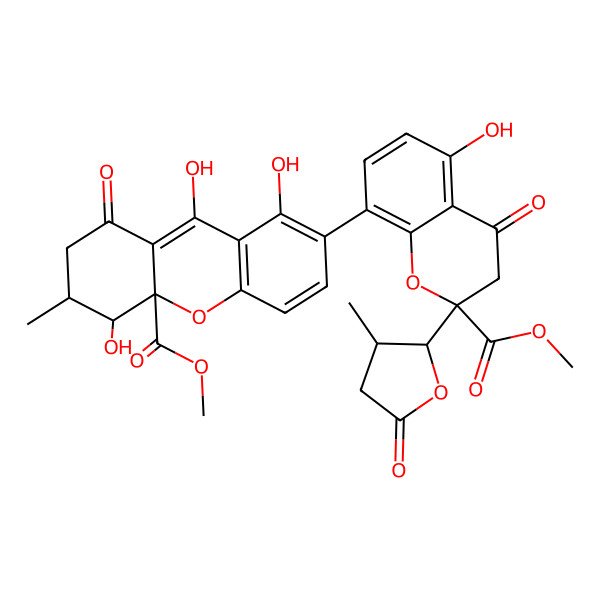 2D Structure of methyl 4,8,9-trihydroxy-7-[5-hydroxy-2-methoxycarbonyl-2-(3-methyl-5-oxooxolan-2-yl)-4-oxo-3H-chromen-8-yl]-3-methyl-1-oxo-3,4-dihydro-2H-xanthene-4a-carboxylate