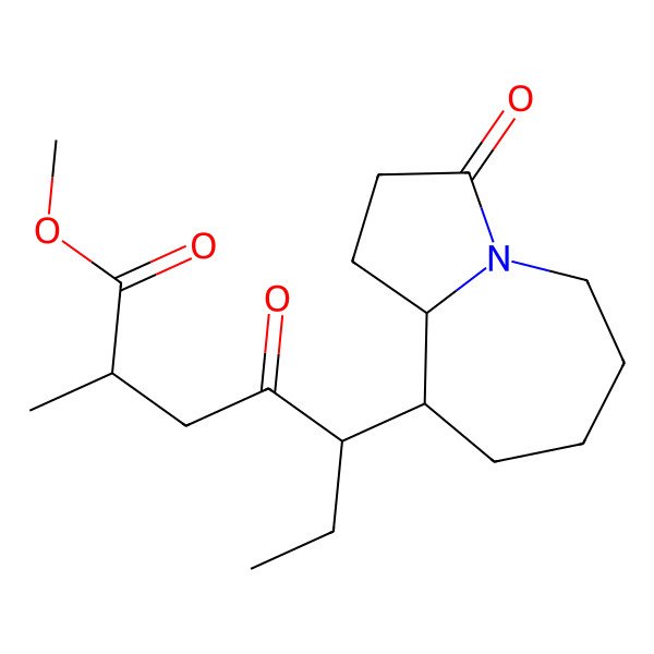 2D Structure of methyl (2R,5S)-5-[(9R,9aS)-3-oxo-1,2,5,6,7,8,9,9a-octahydropyrrolo[1,2-a]azepin-9-yl]-2-methyl-4-oxoheptanoate