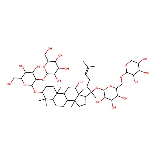 2D Structure of (2S,3R,4S,5S,6R)-2-[(2R,3R,4S,5S,6R)-4,5-dihydroxy-6-(hydroxymethyl)-2-[[(3S,5R,8R,9S,10R,12R,13R,14S,17S)-12-hydroxy-4,4,10,13,14-pentamethyl-17-[(2S)-6-methyl-2-[(2S,3R,4S,5S,6R)-3,4,5-trihydroxy-6-[[(2S,3R,4S,5R)-3,4,5-trihydroxyoxan-2-yl]oxymethyl]oxan-2-yl]oxyhept-5-en-2-yl]-2,3,5,6,7,8,9,11,12,15,16,17-dodecahydro-1H-cyclopenta[a]phenanthren-3-yl]oxy]oxan-3-yl]oxy-6-(hydroxymethyl)oxane-3,4,5-triol