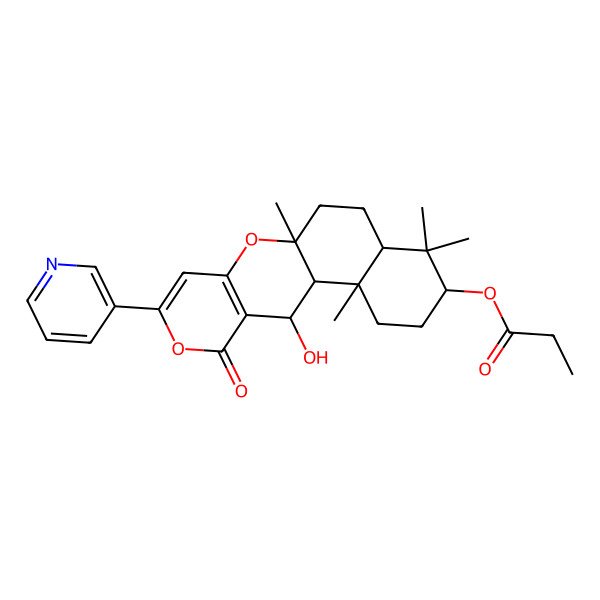 2D Structure of [(1R,2S,5S,7R,10S,18S)-18-hydroxy-2,6,6,10-tetramethyl-16-oxo-14-pyridin-3-yl-11,15-dioxatetracyclo[8.8.0.02,7.012,17]octadeca-12(17),13-dien-5-yl] propanoate