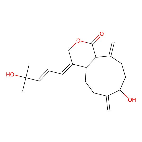 2D Structure of 8-hydroxy-4-(4-hydroxy-4-methylpent-2-enylidene)-7,11-dimethylidene-5,6,8,9,10,11a-hexahydro-4aH-cyclonona[c]pyran-1-one