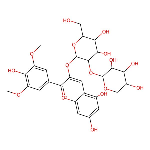 2D Structure of (2S,3S,4S,5S)-2-[(2S,3R,4S,5S,6R)-2-[5,7-dihydroxy-2-(4-hydroxy-3,5-dimethoxyphenyl)chromenylium-3-yl]oxy-4,5-dihydroxy-6-(hydroxymethyl)oxan-3-yl]oxyoxane-3,4,5-triol