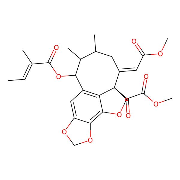 2D Structure of [(5E,7R,8R,9R)-4-(2-methoxy-2-oxoacetyl)-5-(2-methoxy-2-oxoethylidene)-7,8-dimethyl-2,13,15-trioxatetracyclo[8.6.1.04,17.012,16]heptadeca-1(17),10,12(16)-trien-9-yl] 2-methylbut-2-enoate