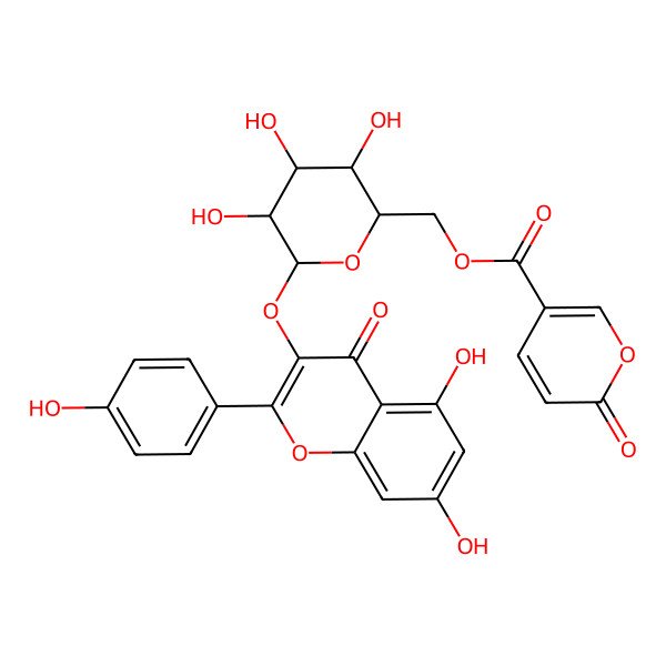 2D Structure of [6-[5,7-Dihydroxy-2-(4-hydroxyphenyl)-4-oxochromen-3-yl]oxy-3,4,5-trihydroxyoxan-2-yl]methyl 6-oxopyran-3-carboxylate