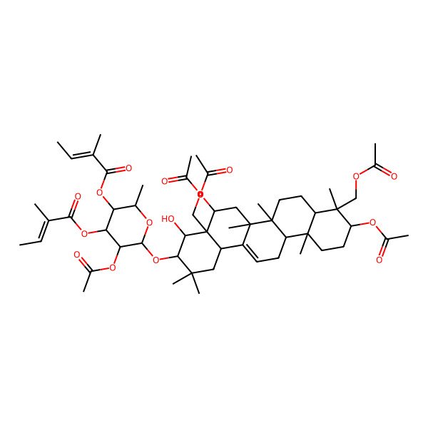 2D Structure of [(2R,3R,4S,5R,6S)-6-[[(3R,4R,4aS,5R,6aR,6aS,6bR,8aR,9S,10S,12aR,14bS)-5,10-diacetyloxy-4a,9-bis(acetyloxymethyl)-4-hydroxy-2,2,6a,6b,9,12a-hexamethyl-1,3,4,5,6,6a,7,8,8a,10,11,12,13,14b-tetradecahydropicen-3-yl]oxy]-5-acetyloxy-2-methyl-4-[(Z)-2-methylbut-2-enoyl]oxyoxan-3-yl] (Z)-2-methylbut-2-enoate
