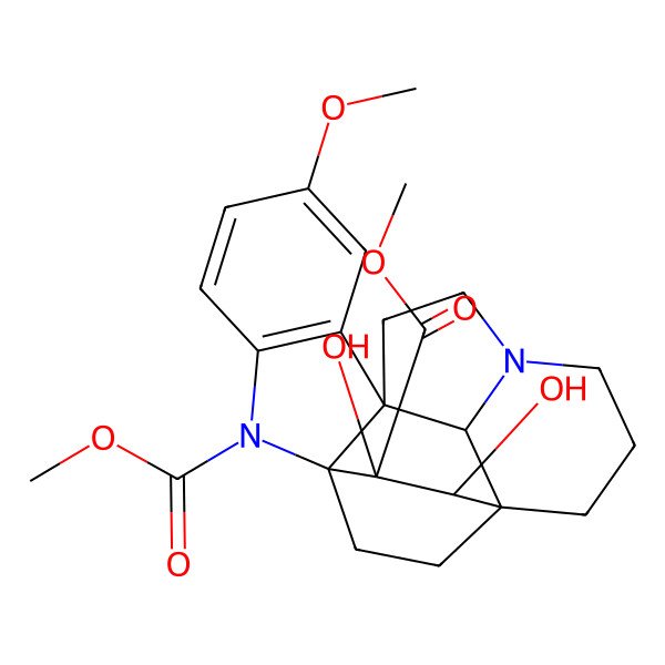 2D Structure of Dimethyl 17,18-dihydroxy-6-methoxy-2,12-diazahexacyclo[14.2.2.19,12.01,9.03,8.016,21]henicosa-3(8),4,6-triene-2,18-dicarboxylate