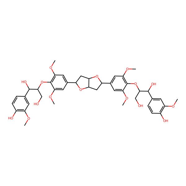 2D Structure of (1S,2S)-2-[4-[(2S,3aR,5R,6aR)-5-[4-[(1R,2R)-1,3-dihydroxy-1-(4-hydroxy-3-methoxyphenyl)propan-2-yl]oxy-3,5-dimethoxyphenyl]-2,3,3a,5,6,6a-hexahydrofuro[3,2-b]furan-2-yl]-2,6-dimethoxyphenoxy]-1-(4-hydroxy-3-methoxyphenyl)propane-1,3-diol