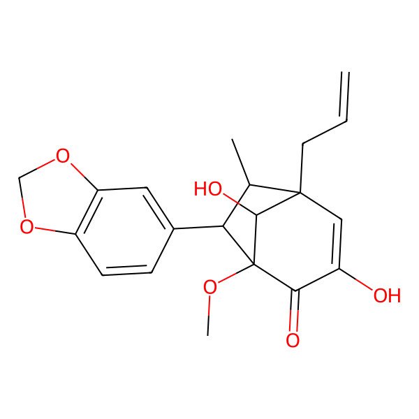2D Structure of (1R,5S,6R,7S)-7-(1,3-benzodioxol-5-yl)-3,8-dihydroxy-1-methoxy-6-methyl-5-prop-2-enylbicyclo[3.2.1]oct-3-en-2-one