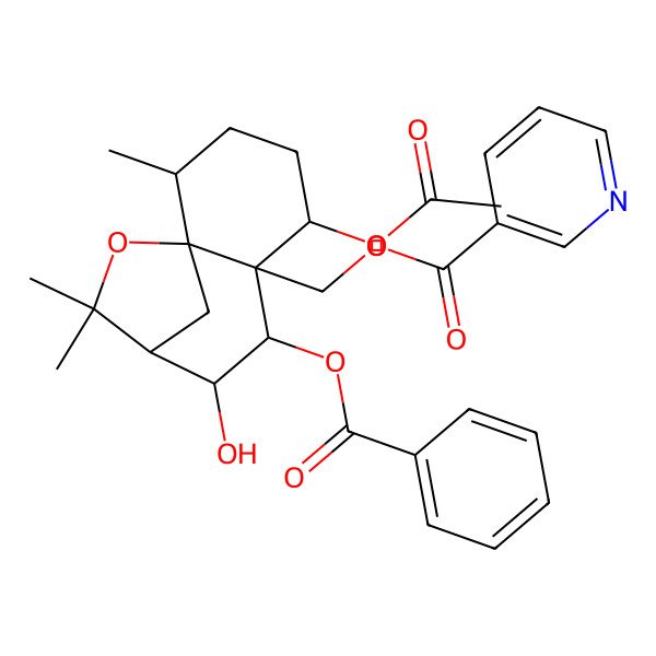 2D Structure of [(1S,2R,5S,6S,7S,8S,9S)-5-acetyloxy-7-benzoyloxy-8-hydroxy-2,10,10-trimethyl-11-oxatricyclo[7.2.1.01,6]dodecan-6-yl]methyl pyridine-3-carboxylate