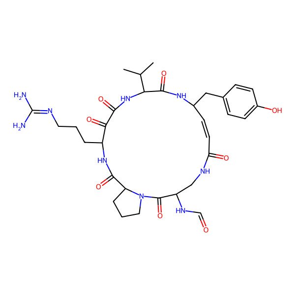 2D Structure of N-[(3S,7Z,12R,19S)-16-[3-(diaminomethylideneamino)propyl]-9-[(4-hydroxyphenyl)methyl]-2,6,11,14,15,18-hexaoxo-12-propan-2-yl-1,5,10,13,17-pentazabicyclo[17.3.0]docos-7-en-3-yl]formamide