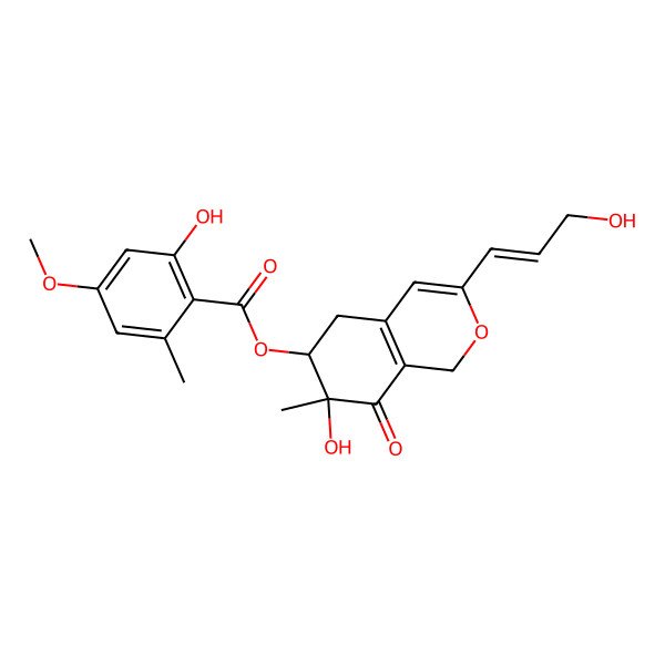 2D Structure of [7-hydroxy-3-(3-hydroxyprop-1-enyl)-7-methyl-8-oxo-5,6-dihydro-1H-isochromen-6-yl] 2-hydroxy-4-methoxy-6-methylbenzoate