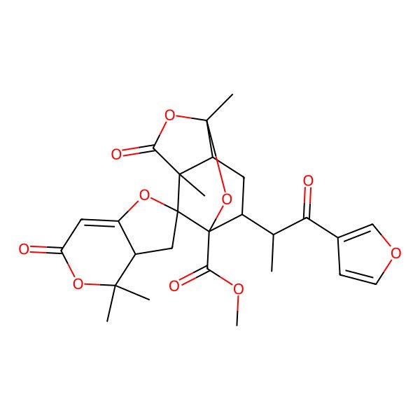 2D Structure of Methyl 9-[1-(furan-3-yl)-1-oxopropan-2-yl]-3,4',4',6-tetramethyl-5,6'-dioxospiro[2,4-dioxatricyclo[4.3.1.03,7]decane-10,2'-3,3a-dihydrofuro[3,2-c]pyran]-1-carboxylate