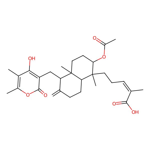 2D Structure of 5-[2-acetyloxy-5-[(4-hydroxy-5,6-dimethyl-2-oxopyran-3-yl)methyl]-1,4a-dimethyl-6-methylidene-3,4,5,7,8,8a-hexahydro-2H-naphthalen-1-yl]-2-methylpent-2-enoic acid