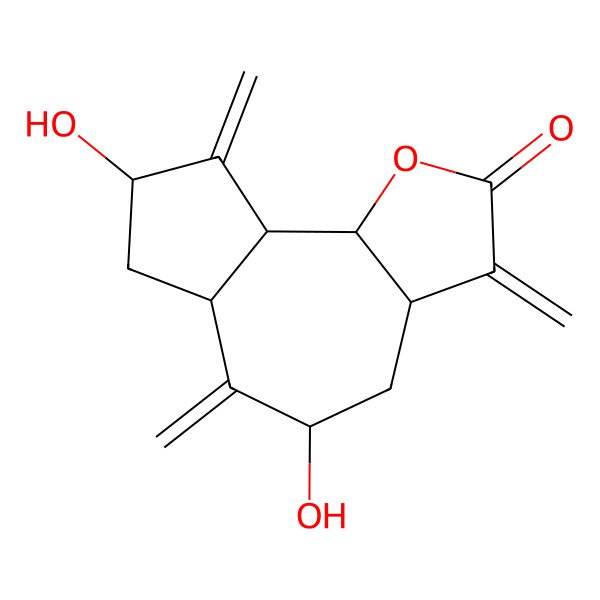 2D Structure of (3aS,5R,6aR,8S,9aR,9bS)-5,8-dihydroxy-3,6,9-trimethylidene-3a,4,5,6a,7,8,9a,9b-octahydroazuleno[4,5-b]furan-2-one