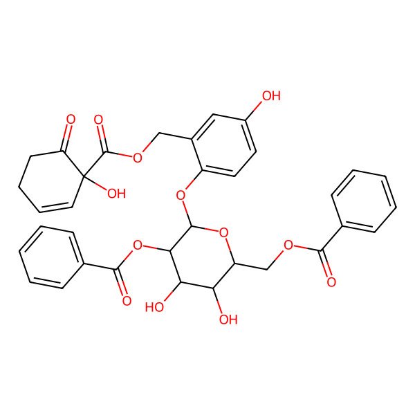 2D Structure of [(2R,3S,4S,5R,6S)-5-benzoyloxy-3,4-dihydroxy-6-[4-hydroxy-2-[[(1R)-1-hydroxy-6-oxocyclohex-2-ene-1-carbonyl]oxymethyl]phenoxy]oxan-2-yl]methyl benzoate