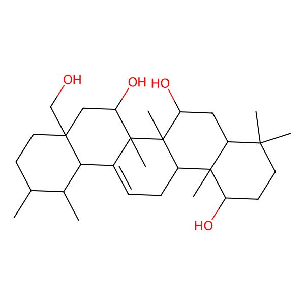 2D Structure of (1R,6S,6aR,6bR,7S,8aS,11R,12S,12aS,14bS)-8a-(hydroxymethyl)-4,4,6a,6b,11,12,14b-heptamethyl-2,3,4a,5,6,7,8,9,10,11,12,12a,14,14a-tetradecahydro-1H-picene-1,6,7-triol